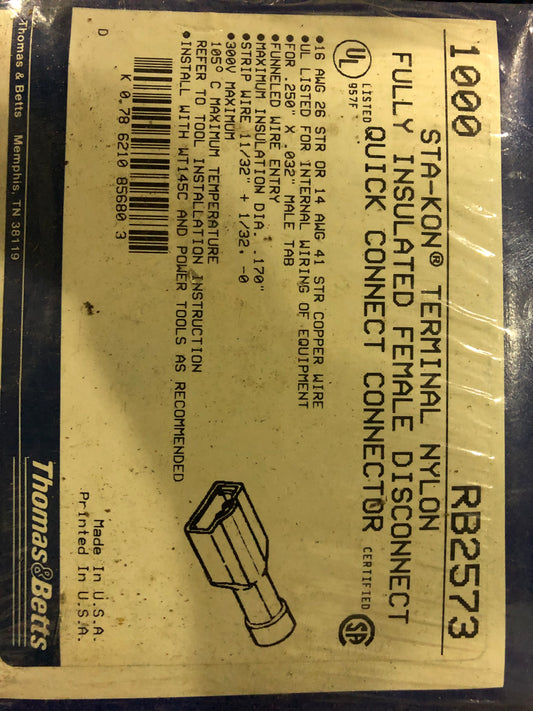 Sta-Kon by ABB RB2573 (DUPLICATE) Female Disconnect Tab Size .250x.032 16-14AWG Blue Brass Tin Plated, RB Series